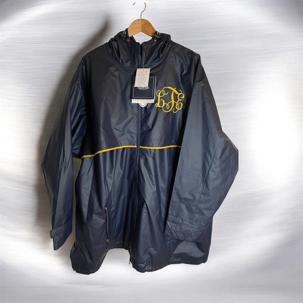 Charles River Apparel new Navy Rain Jacket with Yellow Monogram Size 4XL